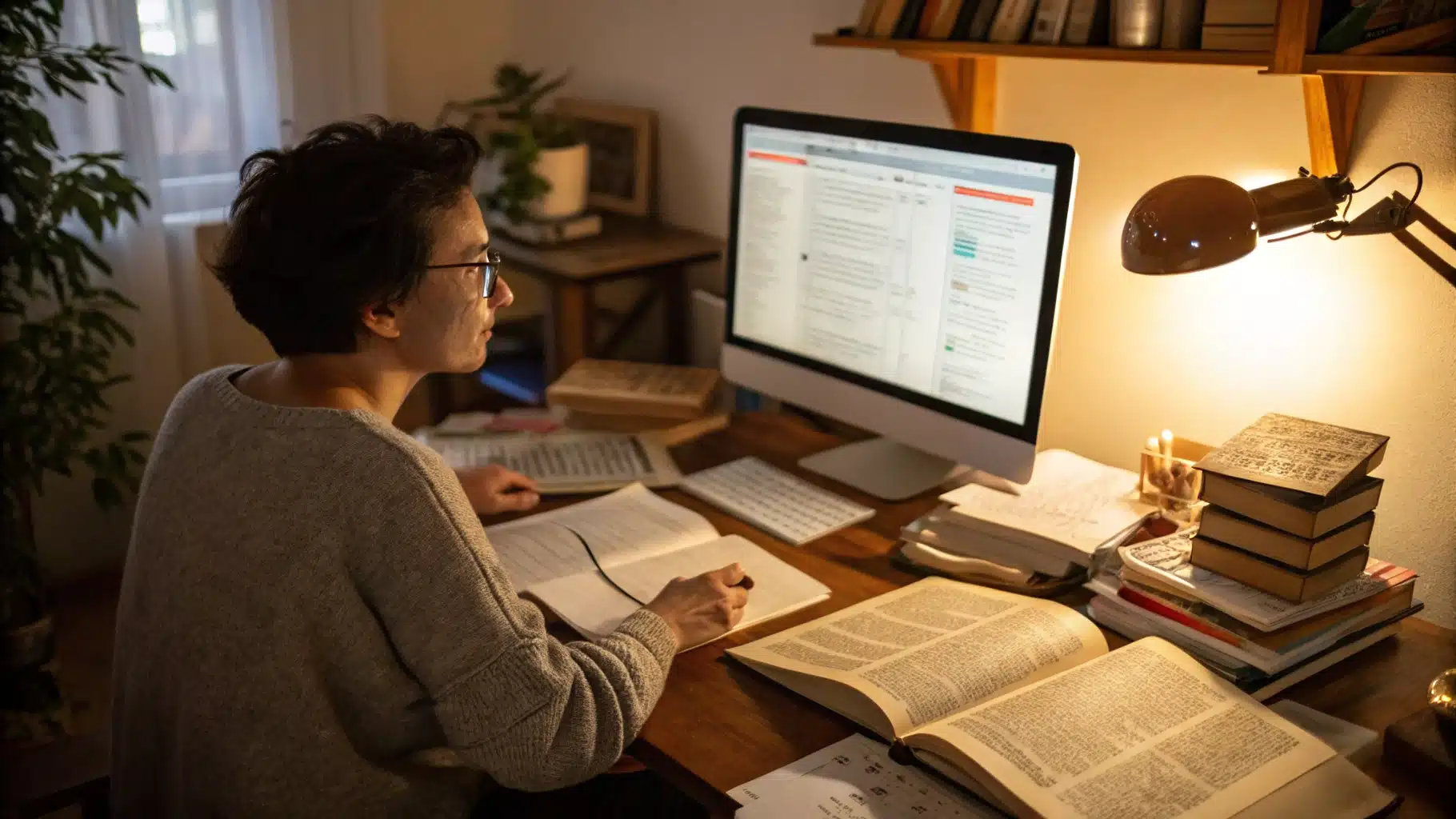 Traducteur(e) freelance chez lui/elle, devant un ordinateur avec des textes multilingues à l’écran, dictionnaires ouverts sur le bureau.